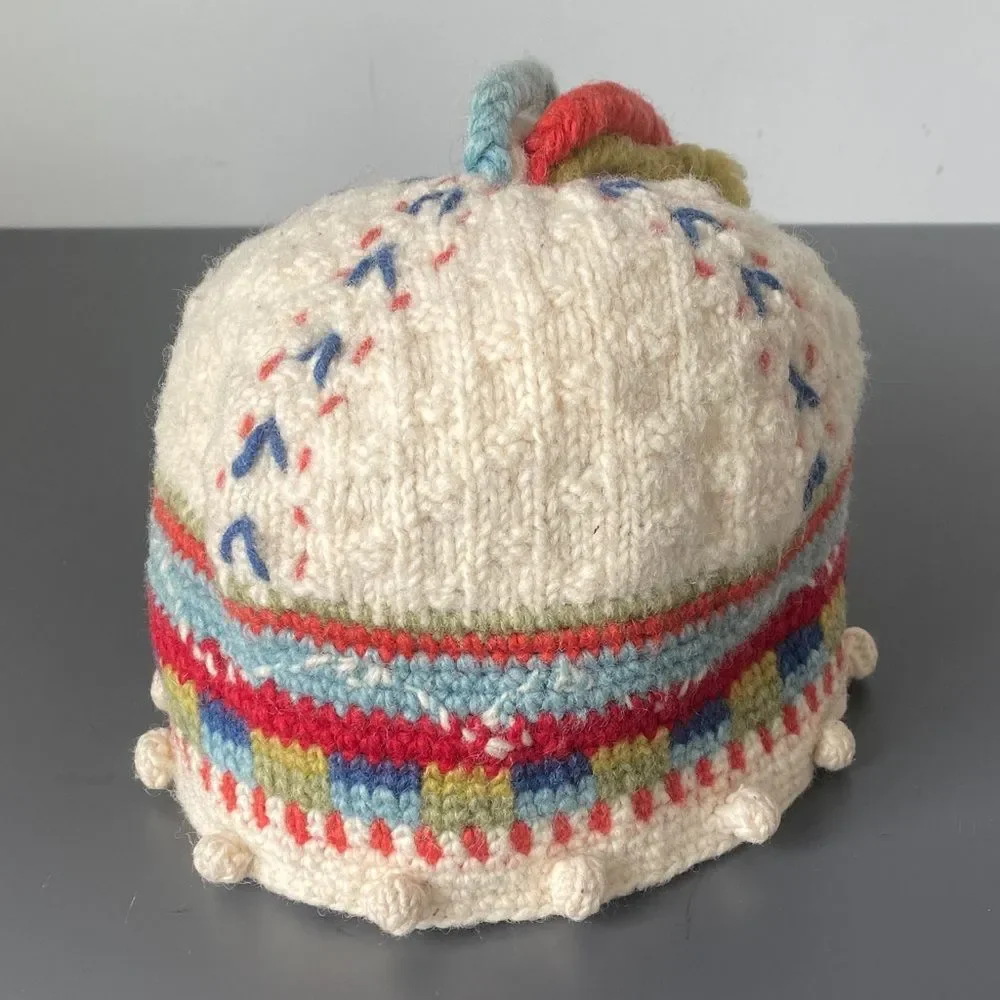 Newari Icelandic Design Cream Knit Pom Pom Beanie OS Colorful Boho Cottage